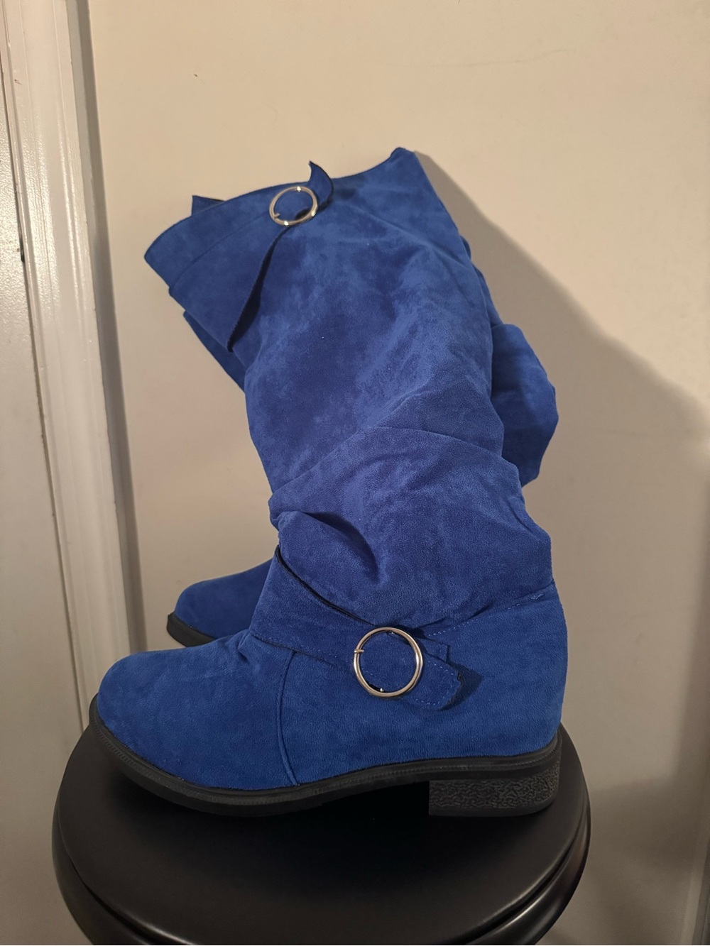 Blue Suede Mid-Calf Women's Boots with Ring Accent size 43